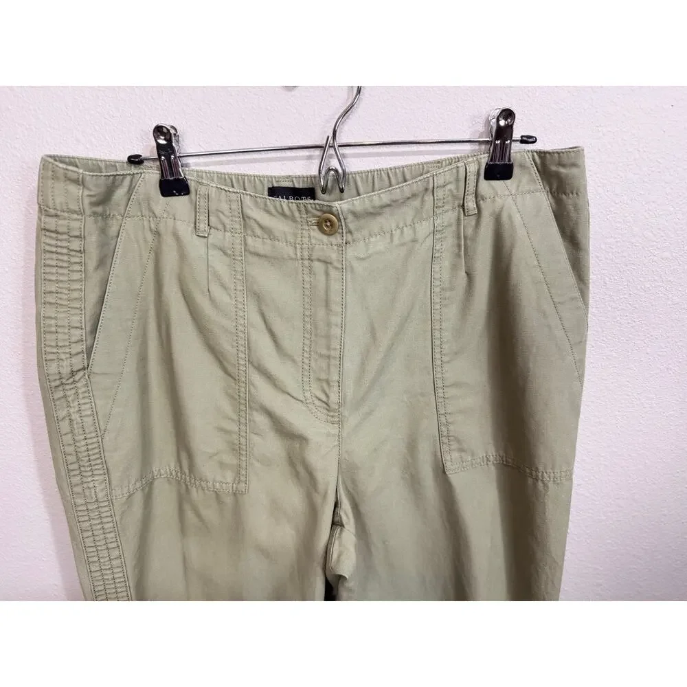 Talbots khaki green slim cargo pants deep pockets straight leg fly front Sz 14